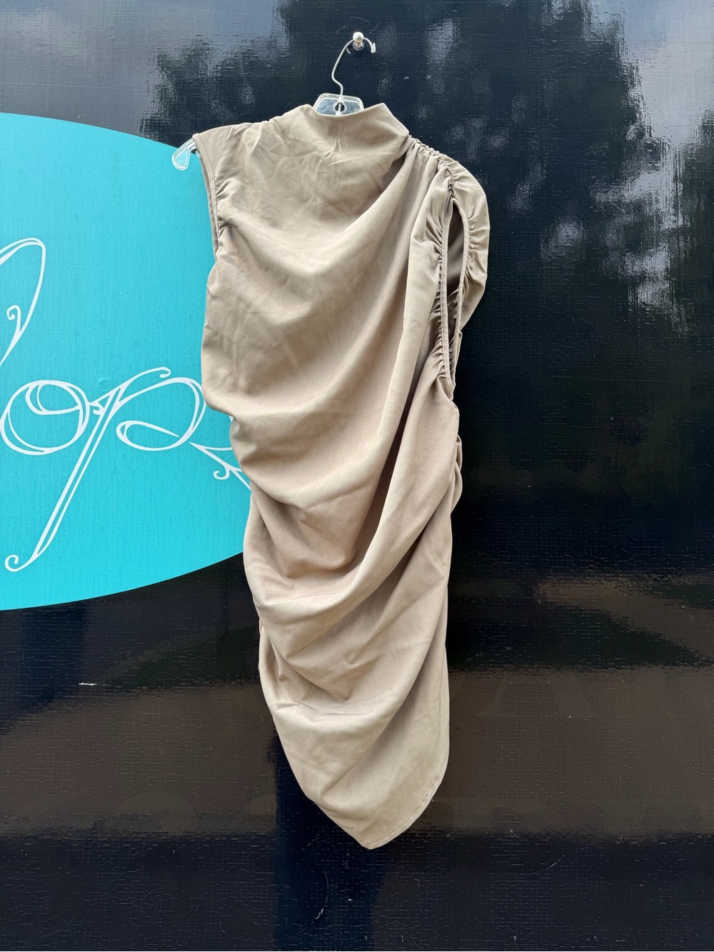 Draped One-Shoulder Sleeveless Dress in Taupe